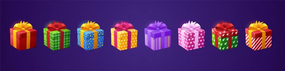 Gift boxes 3d birthday presents in paper and bows Stock Illustration
