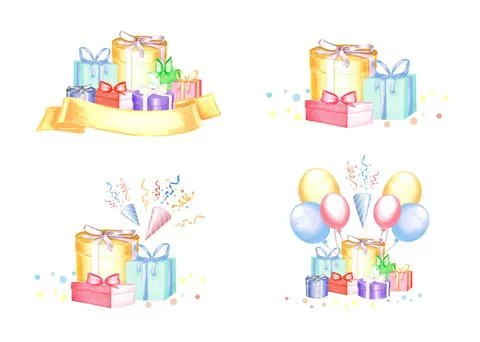 Gift boxes and balloons with with bows and party poppers with ribbons. Happy Stock Illustration