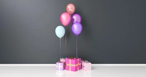 Gift Boxes And Baloons In Empty Room. 3D Rendering Illustrazione stock