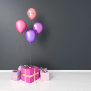 Gift Boxes And Baloons In Empty Room. 3D Rendering Stock Illustration
