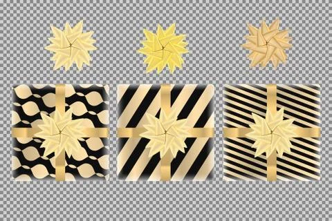Gift boxes and bows top view set, isolated on transparent background. Gold ri Stock Illustration