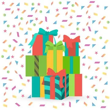 Gift boxes and confetti background. Holiday colored present with ribbon bows, Stock Illustration