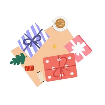 Gift boxes and a cup of coffee, vector graphics Stock Illustration