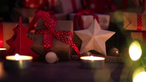 Gift boxes and decorations at christmas night Stock Footage 214827441