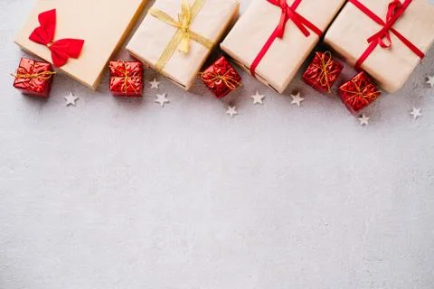 Gift boxes and decorations composition, copy space Stock Photos