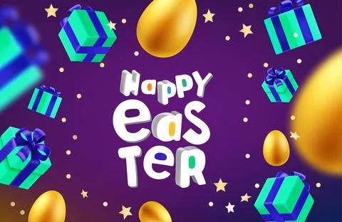 Gift boxes and eggs in the air. Happy Easter card mock up Stock Illustration