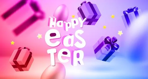 Gift boxes and eggs in the air. 3d vector banner with copy space Illustrazione stock