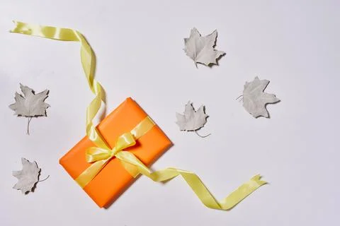 Gift boxes and fall leaves on white Stock Photos