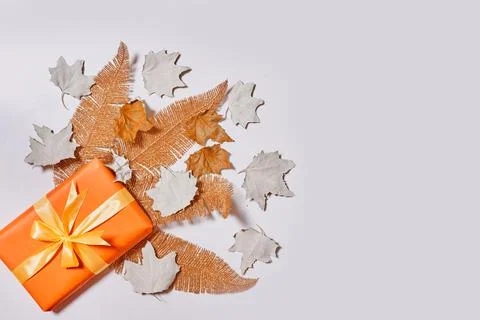 Gift boxes and fall leaves on white Stock Photos