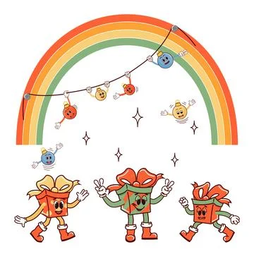Gift boxes and a festive atmosphere. Retro character in cartoon fashion groovy Stock Illustration