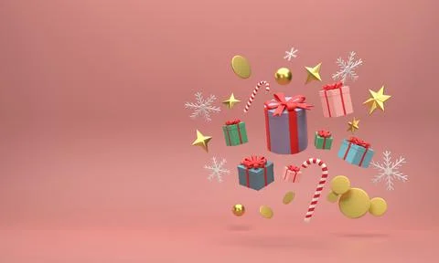 Gift boxes and golden balls Christmas festive celebrations on a red backgroun Stock Illustration