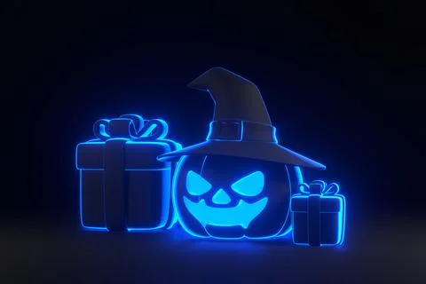 Gift boxes and Halloween pumpkin with blue neon lights on black background Stock Illustration