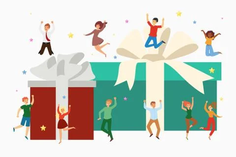 Gift boxes and happy tiny people jumping with huge presents cartoon vector Stock Illustration