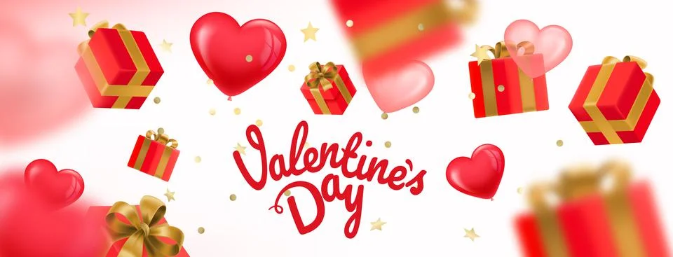 Gift boxes and hearts falling down. Happy Valentines day card mockup Stock Illustration
