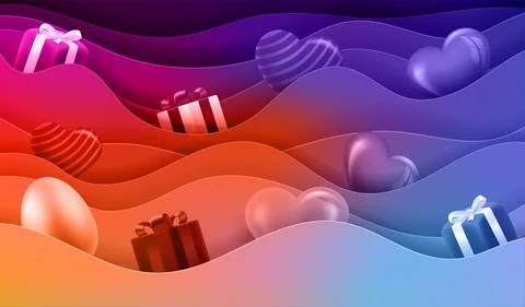 Gift boxes and hearts on the waves. Happy Valentines Day card. 3d vector illu Ilustração Stock