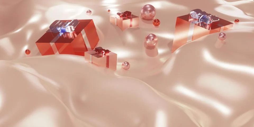 Gift boxes and plexiglass on waves of fabric christmas and new year backgroun Illustrazione stock