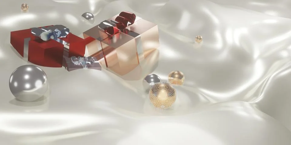 Gift boxes and plexiglass on waves of fabric christmas and new year backgro.. Stock Illustration