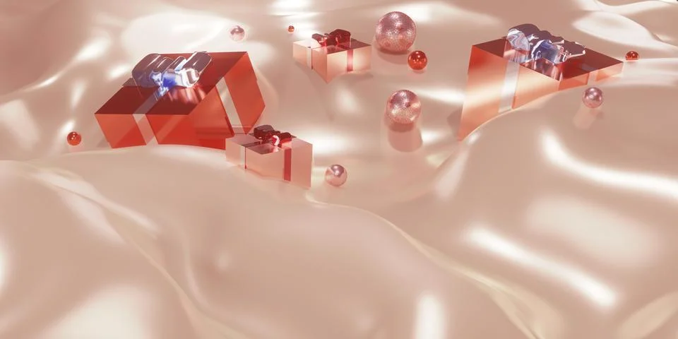 Gift boxes and plexiglass on waves of fabric christmas and new year backgro.. Stock Illustration