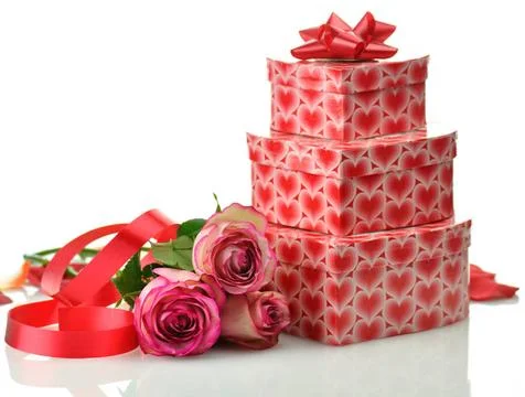 Gift boxes and roses a stack of gift boxes and flowers on white background... Stock Photos