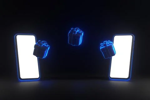 Gift boxes and smartphone with glowing blue neon lights on black background Stock Illustration