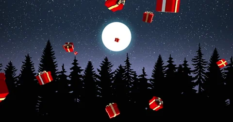 Gift Boxes Are Falling On  full moon and snow falling in the Background Stock Footage 164498499