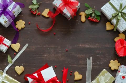 Gift boxes are on the wood table. Stock Photos