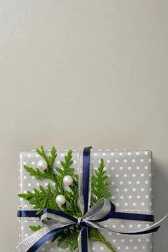 The gift boxes are wrapped in silver polka dot paper and decorated with dar.. Stock Photos