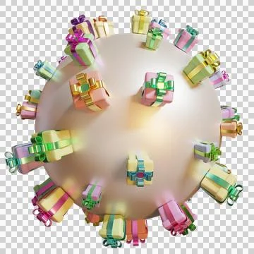 Gift boxes on a ball sphere. Christmas New Year holidays birthday. Illustrazione stock