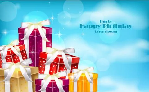 Gift boxes on blue sky background. Vector realistic 3d illustrations Illustrazione stock