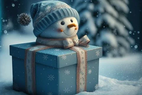 Gift boxes with a blue snowman in the winter for Christmas and New Year's Stock Illustration