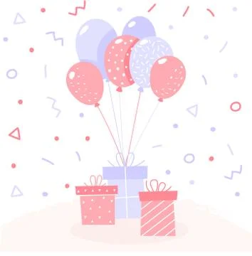 Gift boxes with a bow and balloons. Holiday present fly. Vector illustration Stock Illustration
