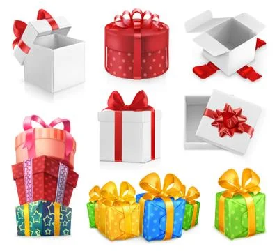 Gift boxes with bows. 3d vector icon set Stock Illustration