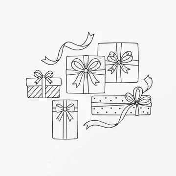 Gift boxes with bows and ribbons, line art illustration, Christmas presents.. Stock Illustration