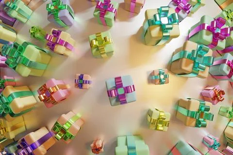 Gift boxes with bows on a ball sphere.Holidays sale close-up 3d render Illustrazione stock