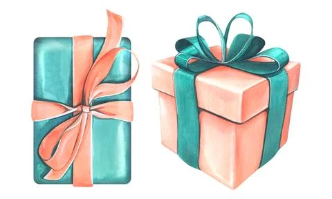 Gift boxes with a bows blue and pink colors. Watercolor illustration hand-drawn Stock Illustration