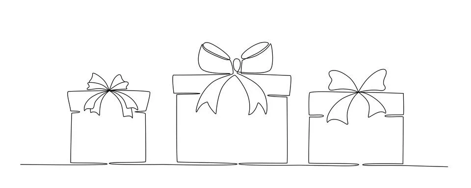 Gift boxes with bows hand drawing single line. Vector stock illustration Stock Illustration
