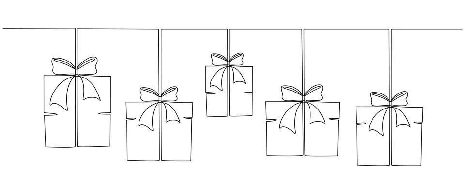 Gift boxes with bows hand drawing single line. Vector stock illustration Stock Illustration