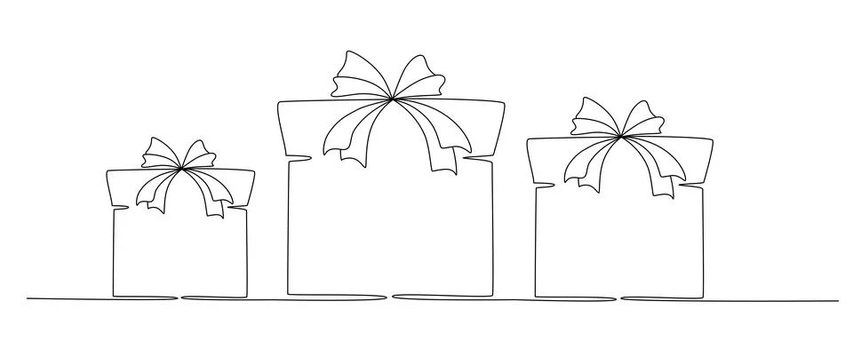 Gift boxes with bows hand drawing single line. Vector stock illustration Illustrazione stock