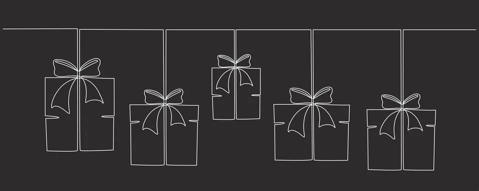 Gift boxes with bows hand drawing single line. Vector stock illustration Stock Illustration
