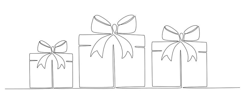 Gift boxes with bows hand drawing single line. Vector stock illustration Stock Illustration