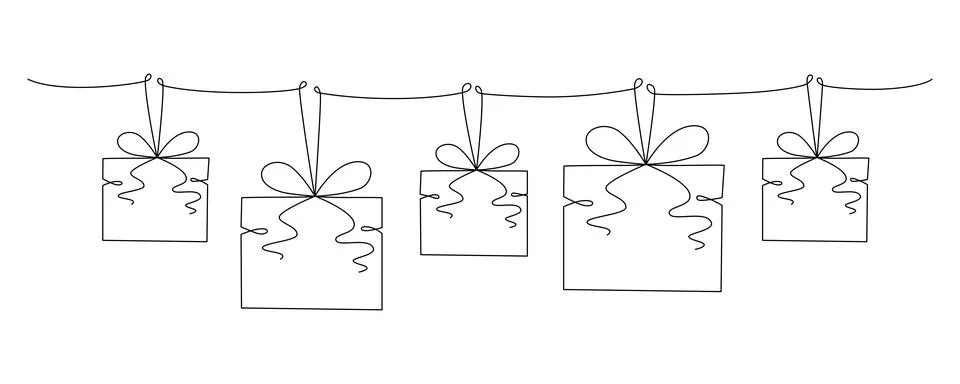 Gift boxes with bows hand drawing single line. Vector stock illustration Stock Illustration