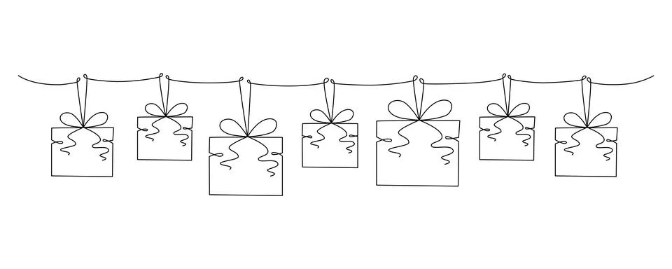Gift boxes with bows hand drawing single line. Vector stock illustration Stock Illustration
