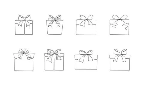 Gift boxes with bows hand drawing single line. Vector stock illustration Stock Illustration