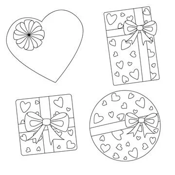 Gift boxes with bows outline set. Round square rectangular heart shaped packa Stock Illustration