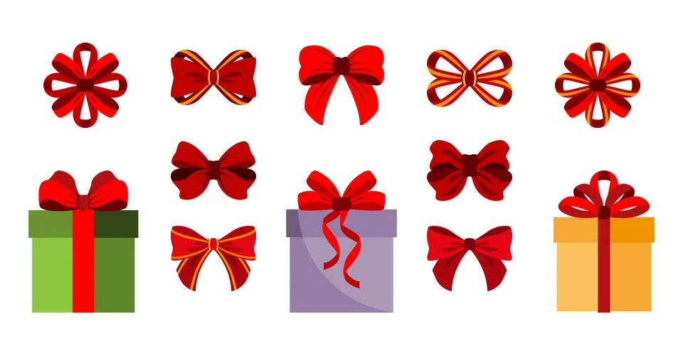 Gift Boxes. Bows. Set Icon. Vector. Flat. Stock Illustration