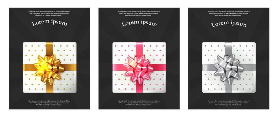 Gift boxes brochures Vector realistic. Dark background confeti sparkle. Produ Stock Illustration