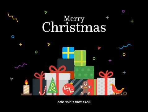 Gift boxes bunch and christmas balls, candy, candle, gingerbread man Stock-Illustration