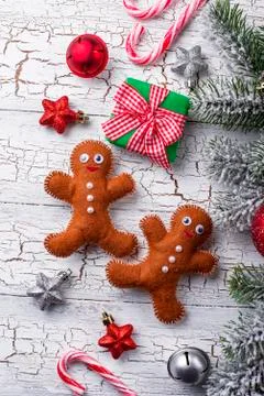 Gift boxes, candy cane and tree Stock Photos