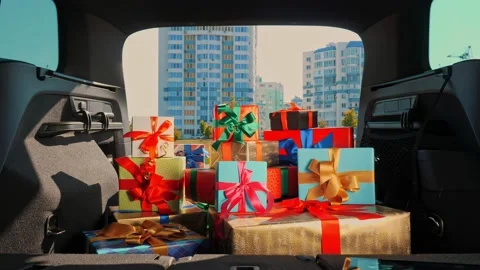 Gift boxes in the car. delivery service. many beautifully wrapped parcels, boxes Stock Footage 171833386