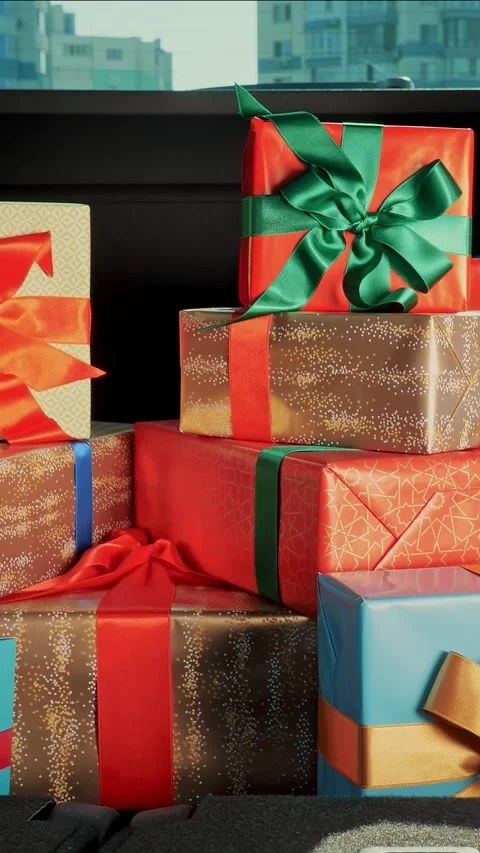 Gift boxes in the car. delivery service. many beautifully wrapped parcels, boxes 스톡 동영상 318726889